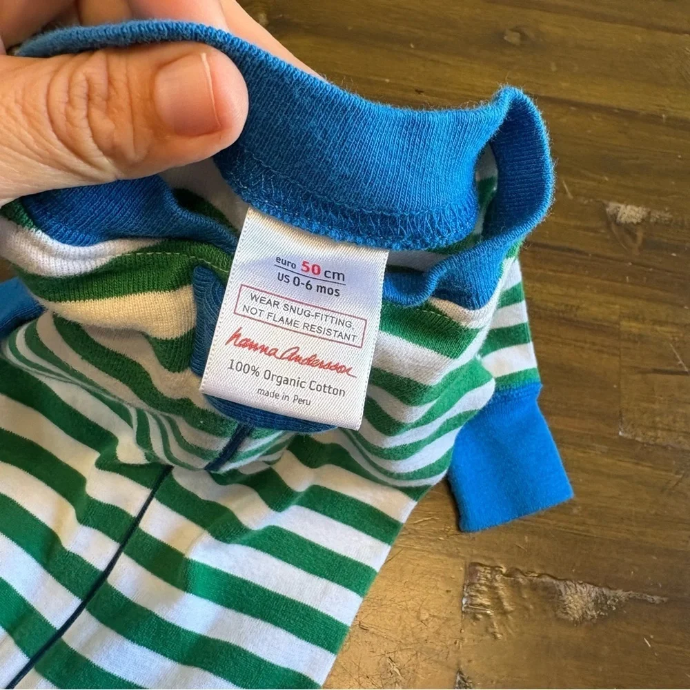 Hanna Andersson Striped Pajama Zipper One Piece Blue Green Zip Up Long Sleeve